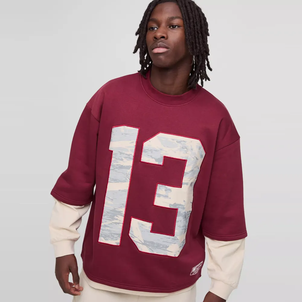 Oversized Half Sleeve Faux Layer 13 Applique Sweatshirt