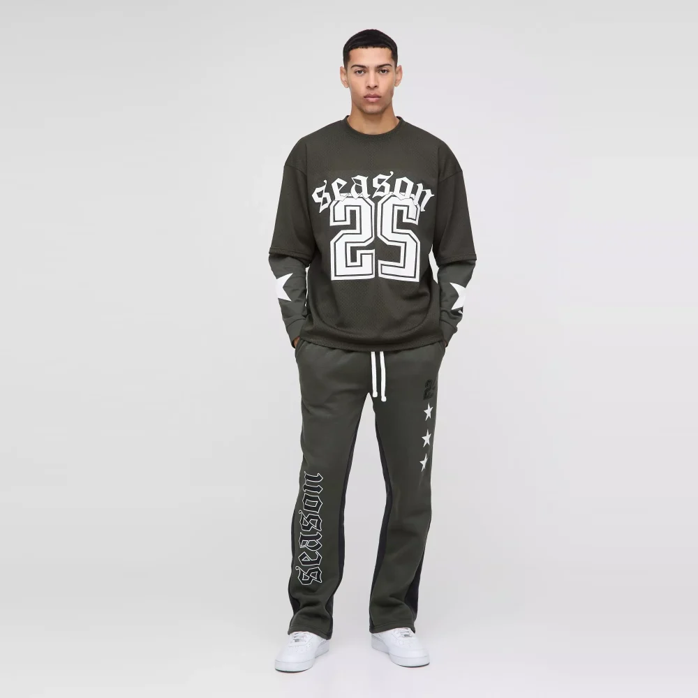 Oversized Mesh Layer Varsity Printed Gusset T-Shirt & Jogger Set