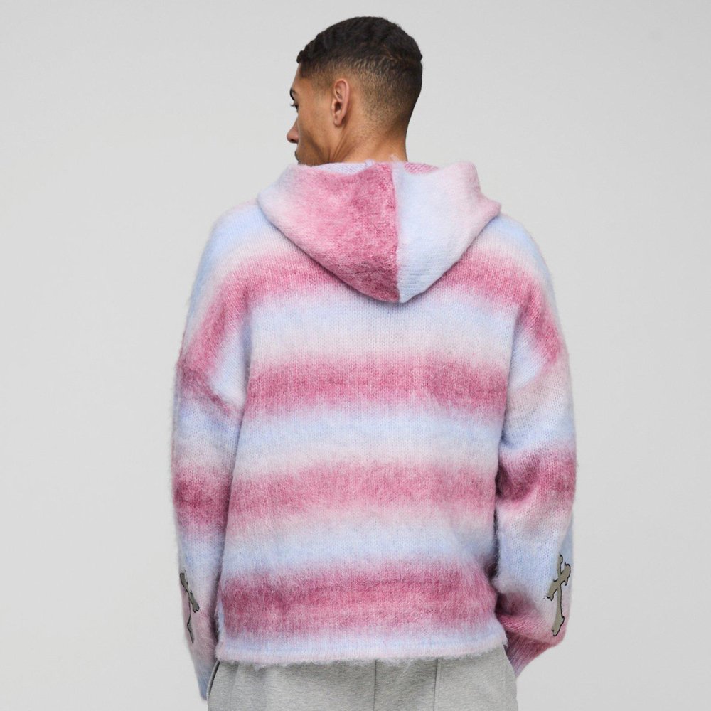 Boxy Fit Ombre Stripe Brushed Knit Cross Hoodie